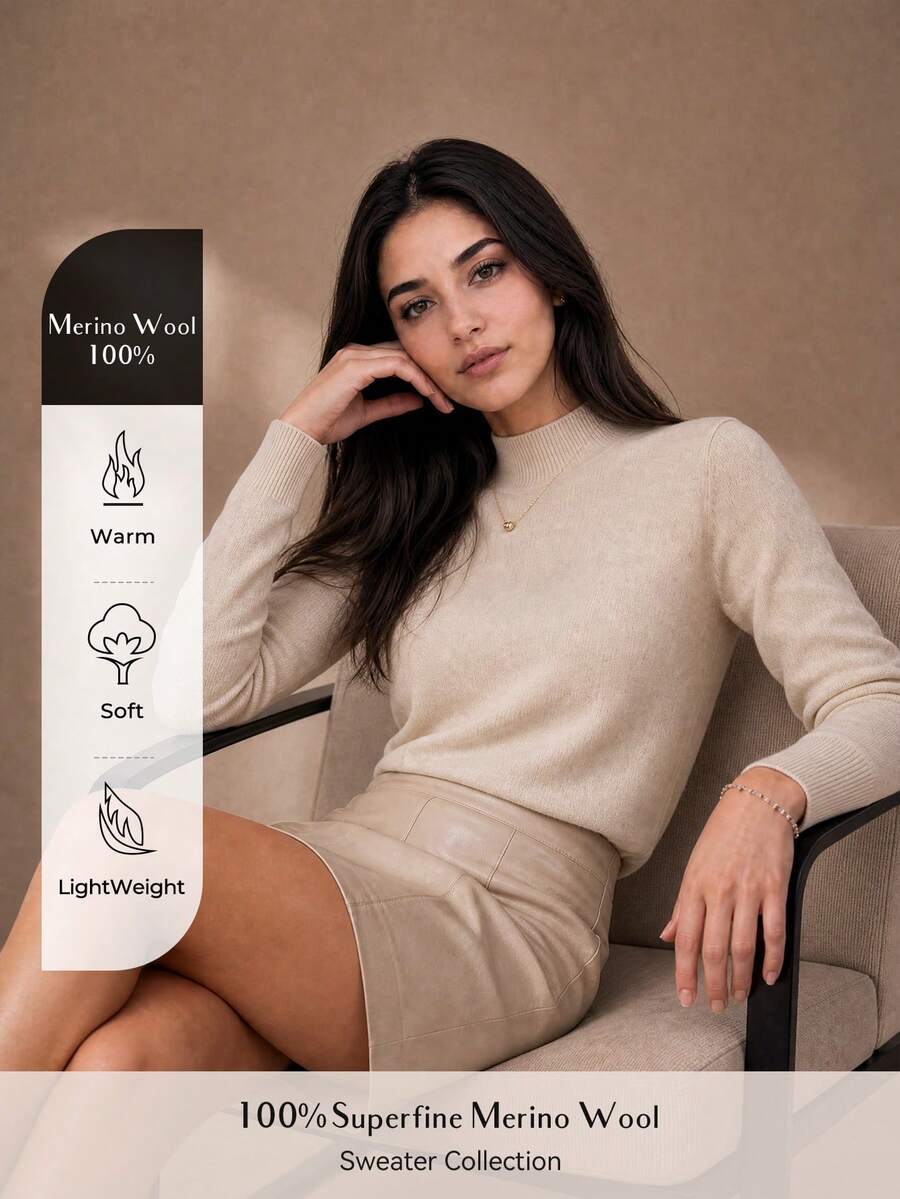 100% Merino Wool Women's Sweater Soft Warm Mock Neck Pullover Fall Winter Sweater One-Line Seamless Sweater Autumn Outfit For Women Fall Clothes - Apricot - View 1
