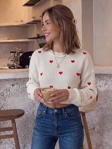 1pc Women's Spring/Summer Embroidered Sweater, Sweet Heart Pattern Knit Top, Casual Versatile Round Neck Long Sleeve Knitted Crop Top White - White - View 1