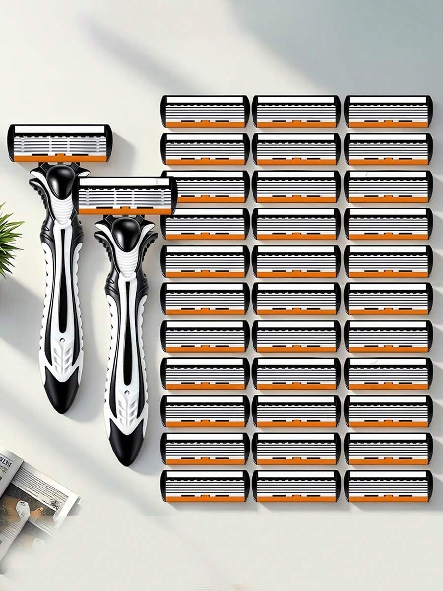 New 6-Layer Men's Razor Set, Includes 12-18-30 Blades, Manual Shaving Razor, Universal Blade Head Depilatory Razor, Plastic Non-Slip Handle, Travel And Home Essential, Dry And Wet Use Manual Razor, Perfect Gift Choice - A - View 1