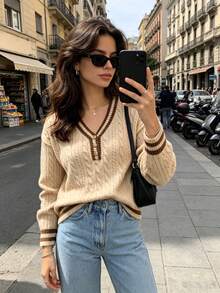 Elegant V-Neck Button Cable Knit Pullover Sweater, Fashionable Minimalist Contrast Color Casual Versatile Knit Top For Women - Khaki - View 1