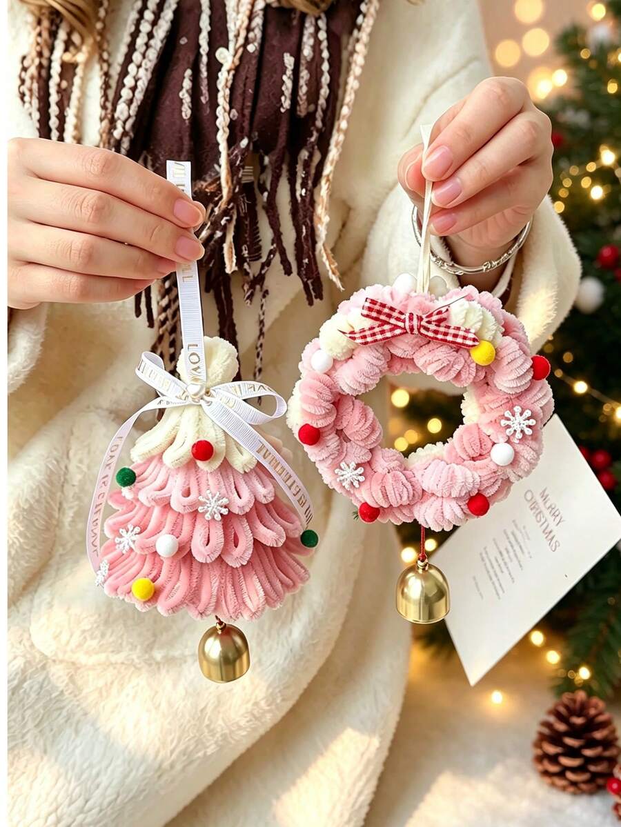 Pink Cute Bell Flower Wreath DIY Christmas Tree Twist Wire Handmade Bell Christmas Tree Decoration Hanging Ornament Car Hanging Door Hanging Decor - Gradient Pink - View 1