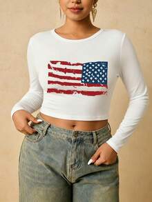 A New Women's Casual Top Featuring A , Retro, Fitted Style And A Stars And Stripes Silhouette Print. - White - View 5