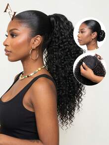 ARABELLA Water Wave Ponytail 100% Human Hair Drawstring Ponytail Extension Clip In Hair Curly Glueless Natural Black Onytails For Women Clip In On Ponytail Hair Extensions Beginner Friendly - SNatural - View 1