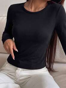 Women's Daily Round Neck Long Sleeve Casual Spring/Fall/Summer T-Shirt Top - Black - View 2
