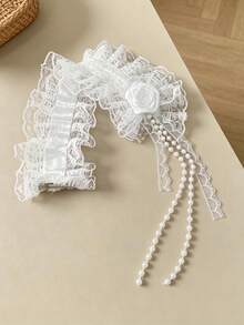 1pc Women's Lolita Lace Rose Ribbon Hair Accessory, Vintage Pearl Tassel Ruffle Hair Clip, Gothic Style Cosplay Photography Matching Headpiece - Multicolor - View 8