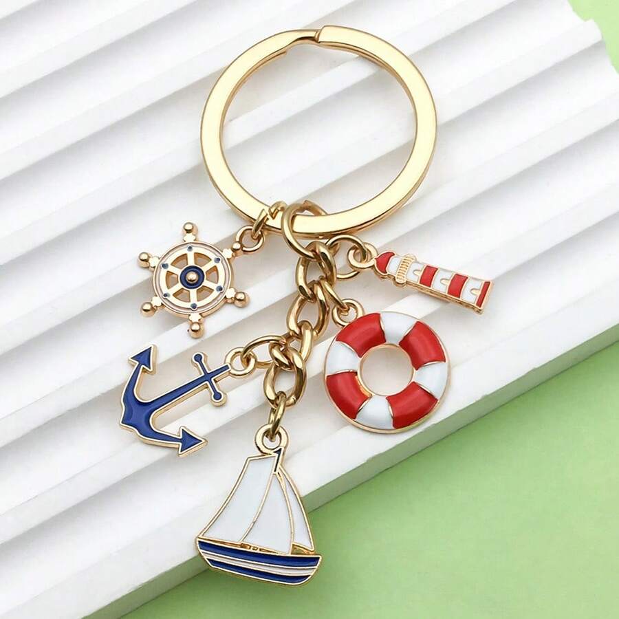 Cross-Border Hot-Selling Oil Drop Sailboat Lighthouse Lifebuoy Ship Wheel Anchor Keychain Pendant Creative Car Key Decoration Accessory - Multicolor - View 1