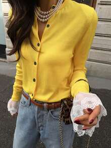 Women's Fashion Elegant Versatile Solid Color Lace Patchwork Round Neck Long Sleeve Casual Cardigan - Yellow - View 6