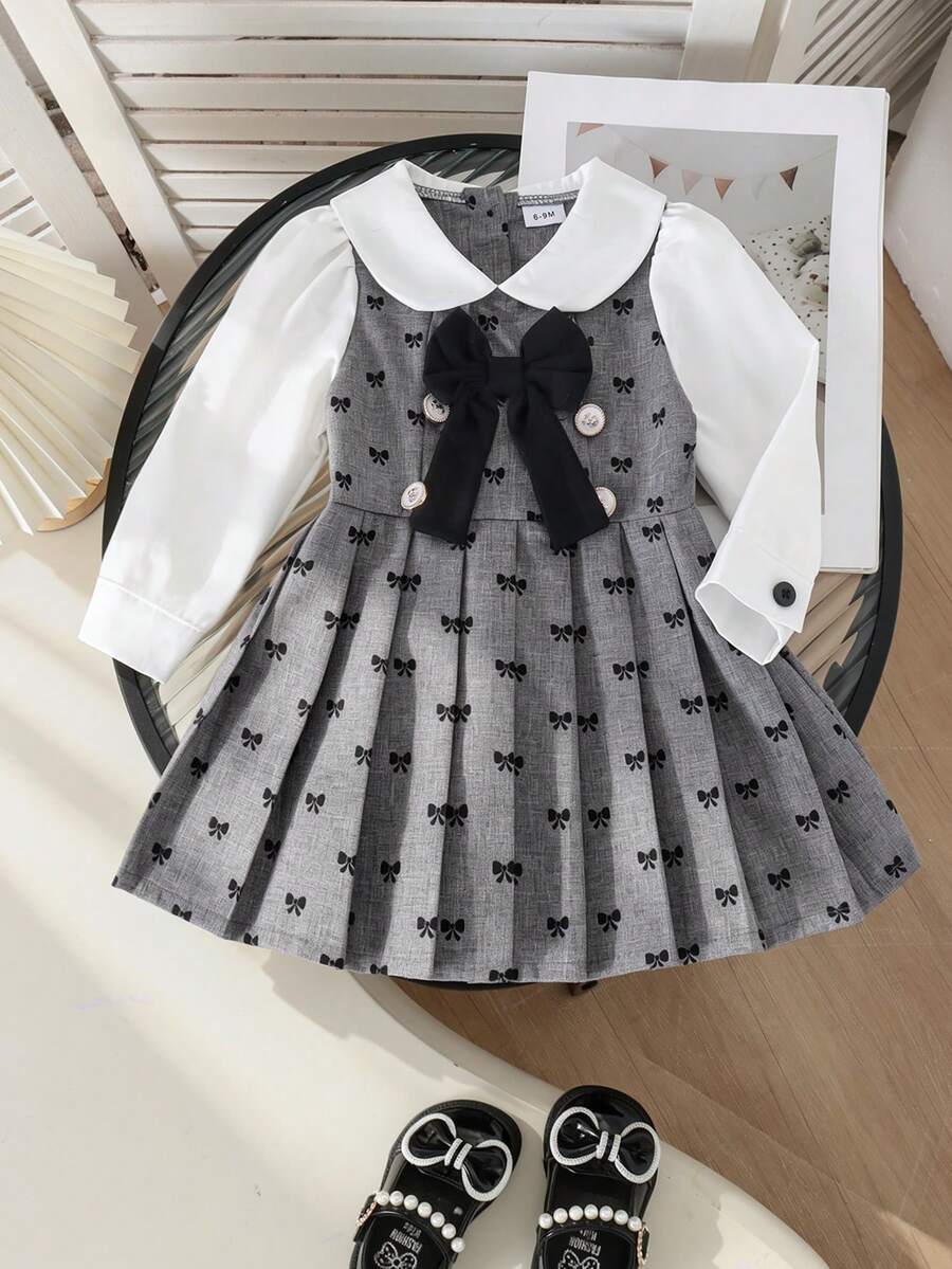 1pc Baby Girl Cute College Style Peter Pan Collar Contrast Color 3D Bow Long Sleeve Dress Thin Spring Autumn - Light Grey - View 1