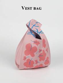 迷你輕量可折疊透氣粉色針織鉤編手提包 腕包 配色拍照好看 可愛學院風 度假上學購物 女款女學生適用 - 粉色 - 查看 4