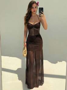 Vestido sin mangas con estampado floral romántico y espalda descubierta, adecuado para citas, vacaciones, primavera/verano - Marrón - Ver 1