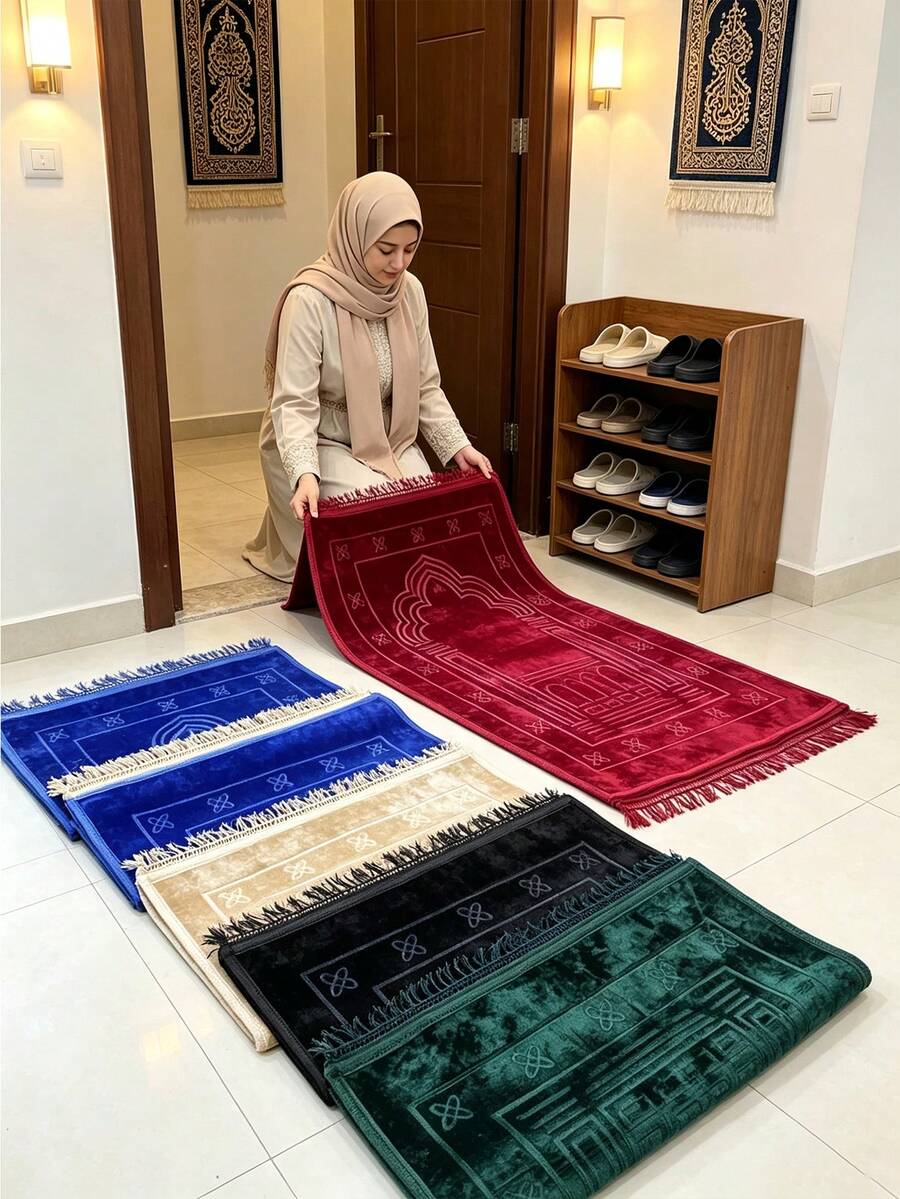 1 Set Sajadah Ramadan Ukuran 80cm*120cm, Bahan Beludru Tebal dengan Desain Rumbai, Lembut, Ringan, dan Bermotif Lengkung