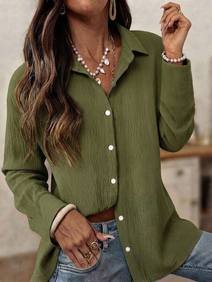 Jisfaneya Green Solid Color Button-Up Shirt, Crinkled Fabric: Versatile Spring/Summer Shirt, Suitable For Vacation, Casual And Everyday Wear - Green - View 1