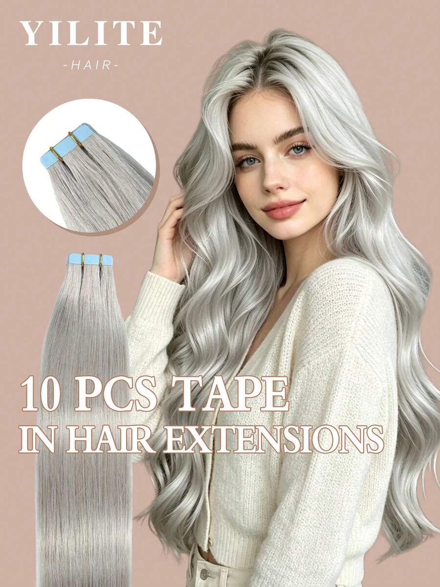 Yilite 18 Inch 10Pcs Bleach Blonde #Silver Tape In Hair Extensions Human Hair Straight Soft Human Hair Tape In Extensions Skin Weft Tape Ins Extensions For Women - SSilver - View 1