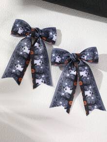 2pcs/12pcs Girls Halloween Multi-Color Printed Long Ribbon Bow Hair Clips Set, Cartoon Pumpkin Ghost Spider Pattern Hair Clips For Kids, Holiday Party Cosplay Costume Satin Ribbon Hair Accessories - Multicolor - View 12
