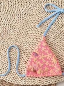 Spring Summer New Pink Floral Print Halter Bikini Swimsuit Set, Beach Date Vibes - Multicolor - View 5