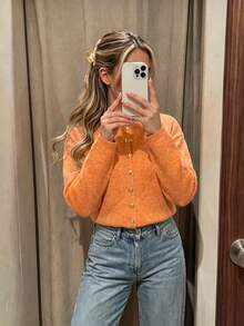 Orange Women's Early Autumn New Knit Cardigan, Lazy Loose Drop Shoulder Round Neck Single-Breasted Short Sweater, Minimalist Round Neck Metal Button Daily Commute Short Sweater - Orange - View 11