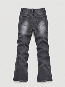 Black Gray Washed Micro Flare Denim Jeans, Street Style Layered Denim Pants, Stacked Layered Micro Flare Denim Jeans, All Season Wear Daily Commute Flare Denim Jeans - Grey - View 5