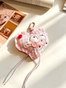Fabric Heart Keychain,Coquette Cottagecore Embroidered Heart Bag Charm,Button Bow Long Streamer Backpack Pendant,Sweet Aesthetic Key Ring Gift - Multicolor - View 7