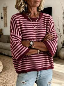 Women's New Autumn Contrast Color Striped Knit Top, Casual Daily Wear, Preppy Style - Maroon and Pink - View 2