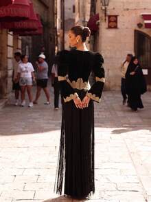 LOVE&LEMONADE Elegant Women's Black Long Sleeve Gold Embroidered Lace Hem Tassel Trim Fitted Dress - Black - View 5