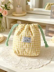 1pc Heart Quilted Drawstring Pouch Grid Print Cosmetic Bag Portable Travel Storage Bag For Makeup Jewelry Accessories & Earbuds Multi-Use Sundries Bag - Multicolor - View 8