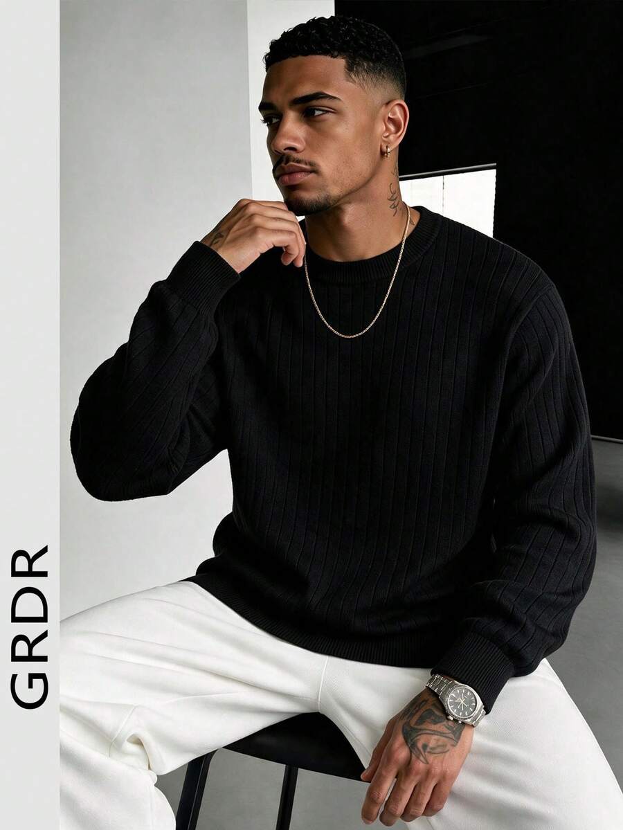GRDR Men's Black Vertical Ribbed Crew Neck Sweater Slim Fit Textured Knit Pullover Casual Base Layer Top Autumn/Winter - Black - View 1
