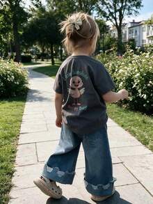 Toddler Girls' Cartoon Duck & Letter Print Casual Short Sleeve T-Shirt, Loose Fit Summer Top - Dark Grey - View 2