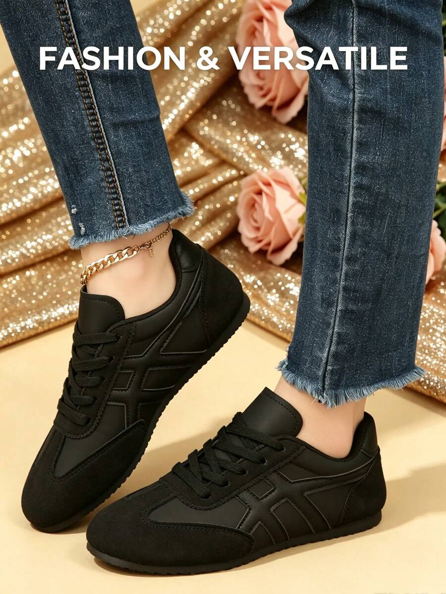 Women's Round Toe Colorblock German Training Shoes, Flat Lightweight Retro Style, Spring/Autumn Daily Commute Shopping Casual Sports Shoes - Black - View 1