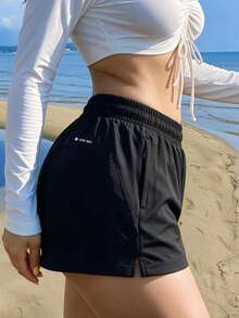 Quần short nữ màu trơn phong cách thường ngày, thể thao fitness, quần chạy bộ co giãn, kiểu cơ bản, phù hợp mặc dạo phố và đi làm phong cách tối giản hàng ngày - màu đen - Xem 5