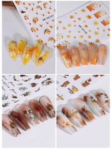 7張3D秋季美甲貼紙，感恩節美甲貼花，含楓葉、南瓜、向日葵、樹枝與花卉圖案，自黏式DIY美甲裝飾 - 彩色 - 查看 6