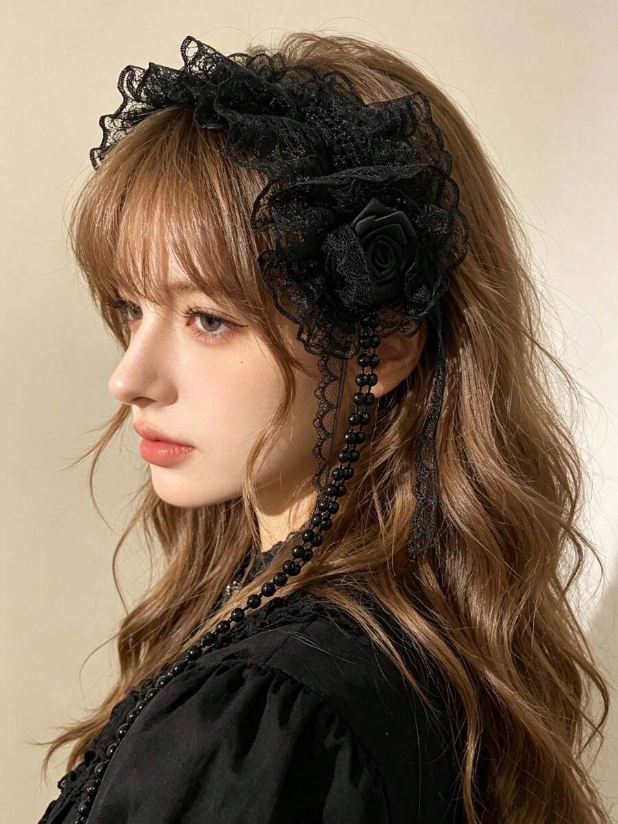 1pc Women's Lolita Lace Rose Ribbon Hair Accessory, Vintage Pearl Tassel Ruffle Hair Clip, Gothic Style Cosplay Photography Matching Headpiece - Multicolor - View 1