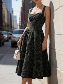 DONICY Women's Black Floral Ruffle Hem Dress, Square Neck Mid-Length Wide Strap Dress, Sweet Romantic Summer Vacation Dress - Black - View 5