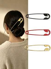 3pcs/Set Women's Large Safety Pin Style Hair Clips, Minimalist Metal Hair Clips, Back Bun Fixing Hair Accessories, 3 Colors Available, Suitable For Daily Hairstyle Decoration - Multicolor - View 5
