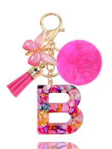 1pc Pink Letter Keychain, Initial Letter Car Key Chain Pendant, Cute Butterfly Tassel Fur Ball Charm For Girls Bag Key Ring Accessory, Halloween Gift Decoration, Suitable For Decorating Handbags, Wallets, Backpacks, Valentine's Day, Bachelorette Party Gift - Hot Pink - View 22
