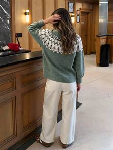 NOVELLE Women Elegant Casual Retro Fair Isle Green Knit Sweater, Pullover Top For Autumn Winter, Date Party Daily Commute Street Gathering Wear - Green - View 6