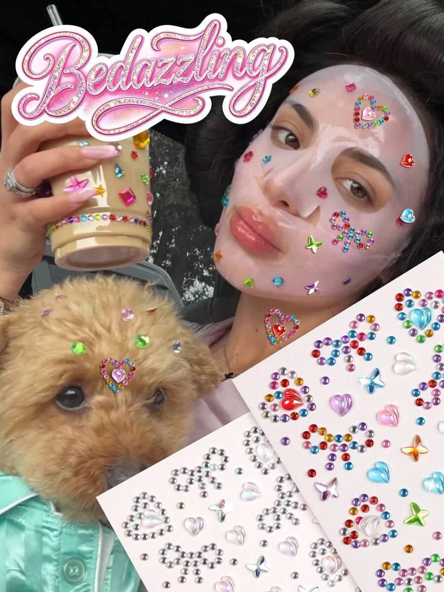2PCS Multi-Particle 3D Asymmetric Self-Adhesive Rhinestone Bow & Heart Y2K Holiday Gift DIY Music Festival Party Makeup Ball Face Decoration Rhinestone Stickers - Multicolor - View 1
