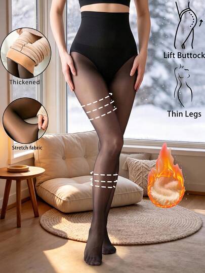 1pc Women's Waist-Cinched Slimming Thermal Lined Warm Leggings, Semi-Sheer Slim Fit Leggings, Leg-Slimming & Butt-Lifting, Winter Warmth For Slender Legs