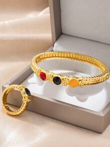 Letingsha 2pcs Luxury Vintage Textured Colorful Enamel Gold-Plated Bracelet & Ring Set, Suitable For Women's Daily Wear, Wedding, Party And Holiday Gift - Multicolor - View 2