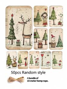 50Pcs Christmas Gift Tags, Vintage Hand Drawn Xmas Hanging Labels With 10m Hemp Rope, 5 Designs Cute Reindeer Bear Angel Dog Tree Pattern, Kraft Paper Gift Tags For Holiday Gift Wrapping, Present Box, Goodie Bag, Christmas Party Decor & DIY Craft - Multicolor - View 1