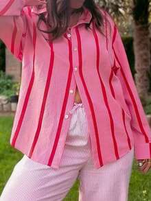 Plus Size Women's Drop Shoulder Long Sleeve Casual Striped Shirt, Autumn/Winter - Hot Pink - View 7