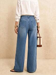 Minimalist Denim Straight Leg Pants, Non-Stretch Material With Button Decor, Women's Basic Pants - Dark Wash - View 4