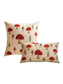 1/2/4Pcs 2D Flat Printed Mushroom Pillow Cover, Autumn Maple Leaf Throw Cushion Case, Non Real Embroidered Cottagecore Fall Decor, Vintage Faux Linen Lumbar Square - Multicolor - View 2