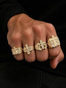 4pcs Vintage Embossed Gold Cross Rings For Men, Heavy Textured Carved Finger Rings, Autumn/Winter Street Style Layered Luxury Accessories Gift - 4pcs - View 3