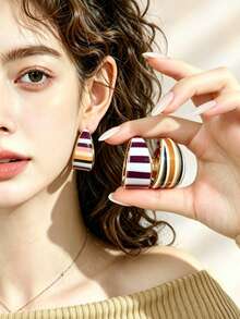 1 Pair Vintage Striped Wide Hoop Earrings, Dopamine Color-Block Resin Ear Cuffs, Y2K Style Face-Slimming Earrings, Retro Vibe Personalized, Suitable For Women's Daily Wear - Striped Hoop Earrings - View 7