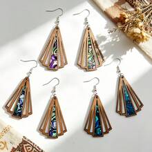 3 Pairs Creative Vintage Fashion Wooden Geometric Hollow Coffee Color Inlaid Acrylic Colorful Asymmetrical Pattern Pendant Earrings - Earrings - View 10