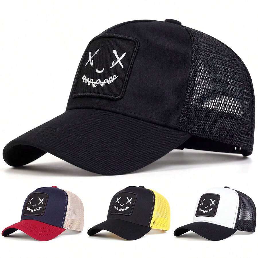 1pc Men's Smiling Face Embroidered Trucker Hat, Fashion Baseball Cap, Sports Mesh Cap, Outdoor Sun Protection Casual Hat For Spring/Autumn Travel, Beach Vacation - Multicolor - View 1