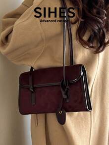 1pc Solid Color Suede New Women's Bag, Shoulder Bag, Fashion Square Handbag, Baguette Bag, Magnetic Closure, Dual Handles, Suitable For Commuting, Shopping, Dating, Shopping - Coffee - View 3