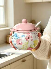 High Aesthetic Hand-Painted Floral Ceramic Seasoning Jar With Lid And Spoon, Dual Handle Salt & Sugar Canister, Kitchen Heat-Resistant Lard & Chili Oil Pot, Ceramic Sealed Storage Container, Fresh Printed Condiment & Sauce Organizer, Vintage Painted Dual Handle Ceramic Spice Holder, Kitchen Salt & Sugar Storage Box With Fresh Floral Print - Multicolor - View 15