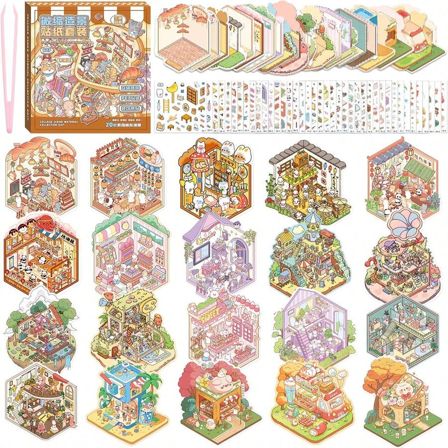 1 Set 60pcs Scene Stickers, Includes 40pcs Materials, 20 Scenes, Miniature Scene Sticker Box, Easy To Store, Mini House Stickers, Suitable For Decoration Stickers, Creative Self-Adhesive House Stickers, Decorative Stickers