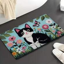 1pc Cat And Floral Print Design Microfiber Bath Rug, Non‑Slip Soft Bathroom Mat, Water‑Absorbent Doormat, Machine Washable, Low Pile, TPR Backing, Knit Fabric, For Bedroom, Kitchen, Entryway, Indoor Use, Home Decor, Perfect New House Gift. - A - View 4
